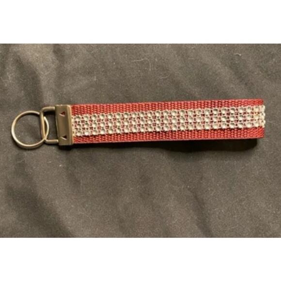 Handmade  Burgundy Red Rhinestone Webbing Key Fob Wristlet Keychain - Picture 2 of 3